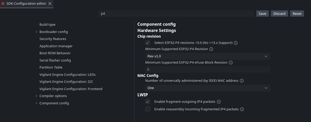 Screenshot showing how to configure ESP32-P4 chip revision